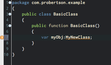 Flash Builder 4.5 showing a warning about a possible syntax error (an unrecognized class).