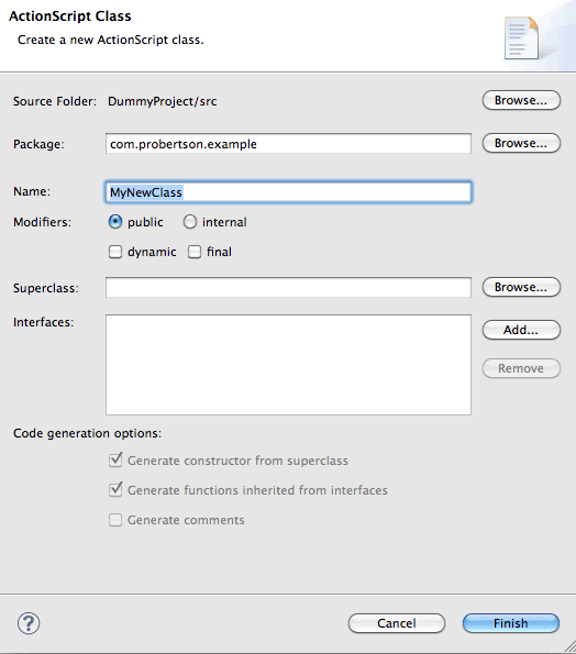 Flash Builder 4.5 Create Class dialog box.