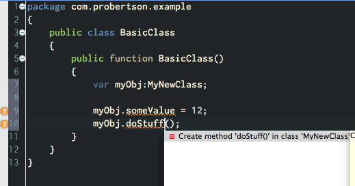 Flash Builder 4.5 quick fix for creating a method in an external class.
