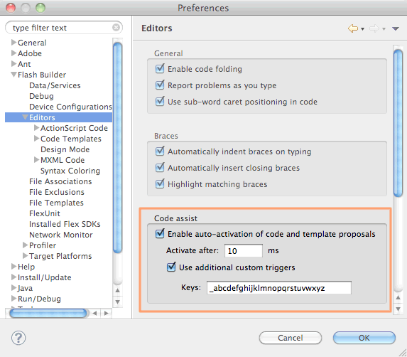 Code assist preferences pane