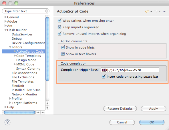 Code completion preferences pane