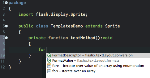 Templates are listed in the code hint menu.