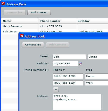 Screen capture of the AddressBook application showing the main contact list and a single detail record